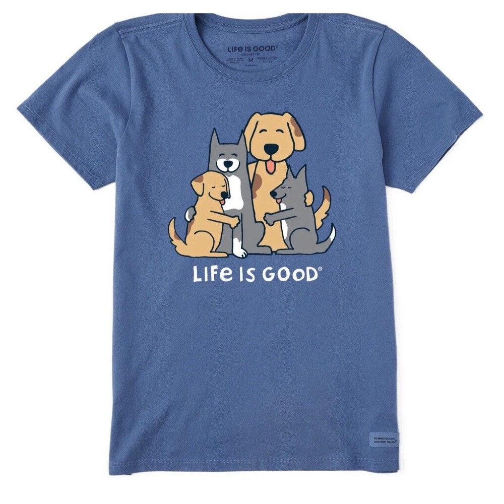Life Is Good Women's Loving Dog Family Short Sleeve Crusher T-Shirt Blue Sz L E2